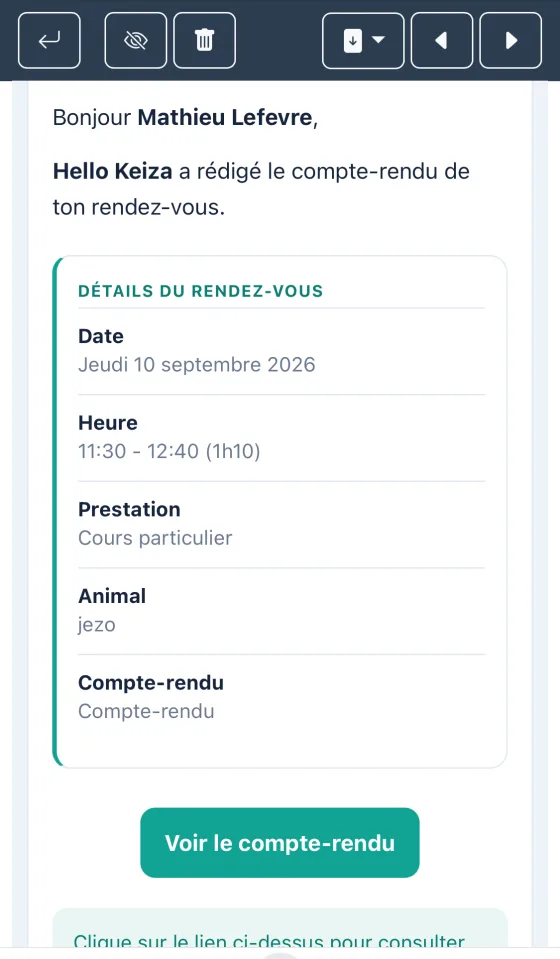 Email de compte-rendu reçu par le propriétaire