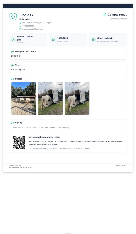 Compte-rendu généré depuis Stenko Pro avec photos de la séance