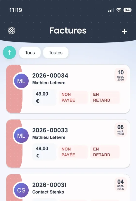 Factures en retard identifiées dans Stenko Pro
