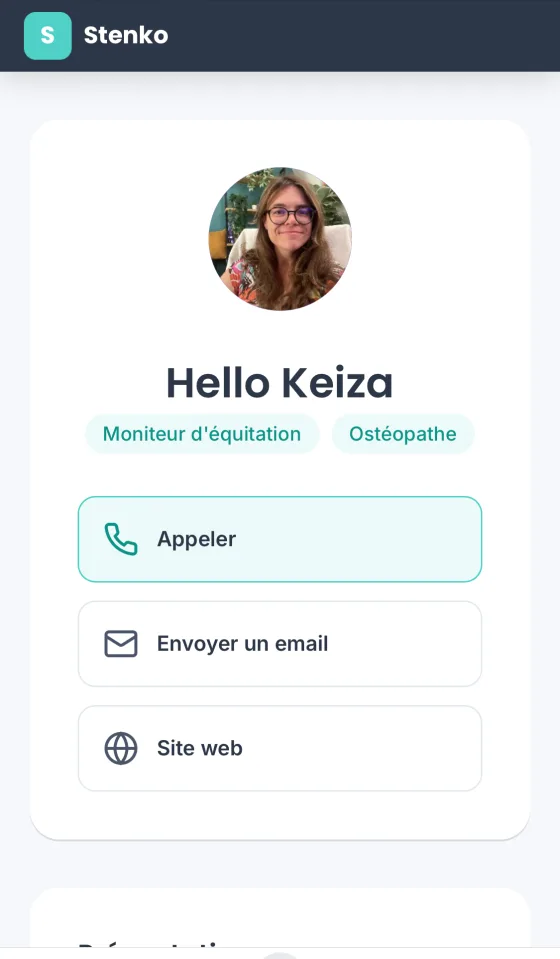 Fiche publique d'une professionnelle dans l'annuaire Stenko
