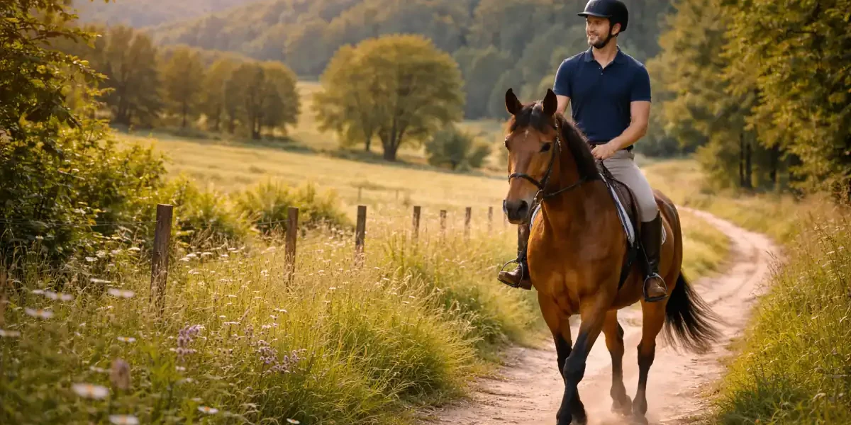 cavalier et cheval en train de se promener à la campagne