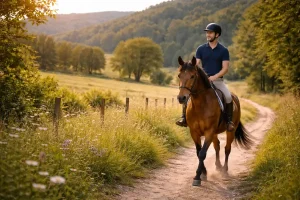 cavalier et cheval en train de se promener à la campagne