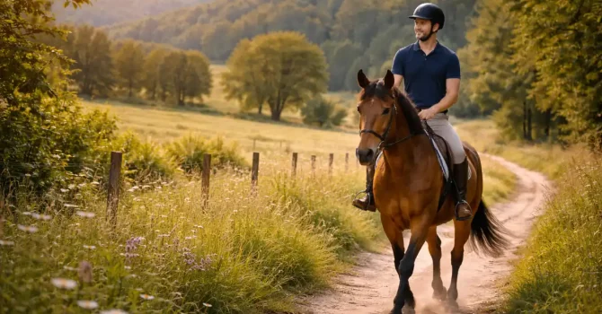 cavalier et cheval en train de se promener à la campagne
